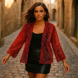 Notations Burnout Velvet Cardigan L Sheer Red Black Ruched Sleeve Boho Layer